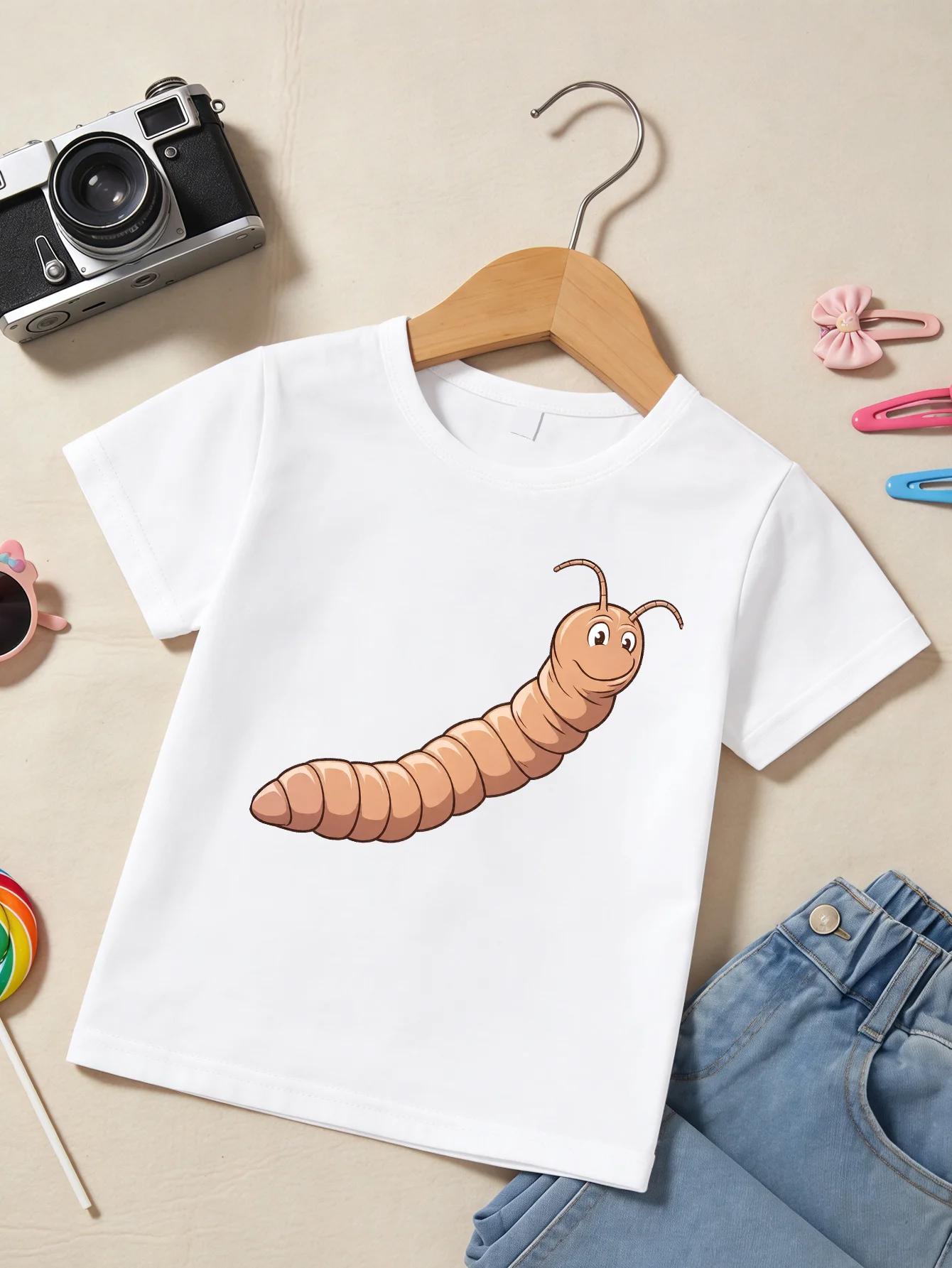 Cute Smiling Cartoon Brown Worm Character Print T Shirt Boys Girls Lovely Short Sleeve Tee Family Matching Kids Cotton Tops