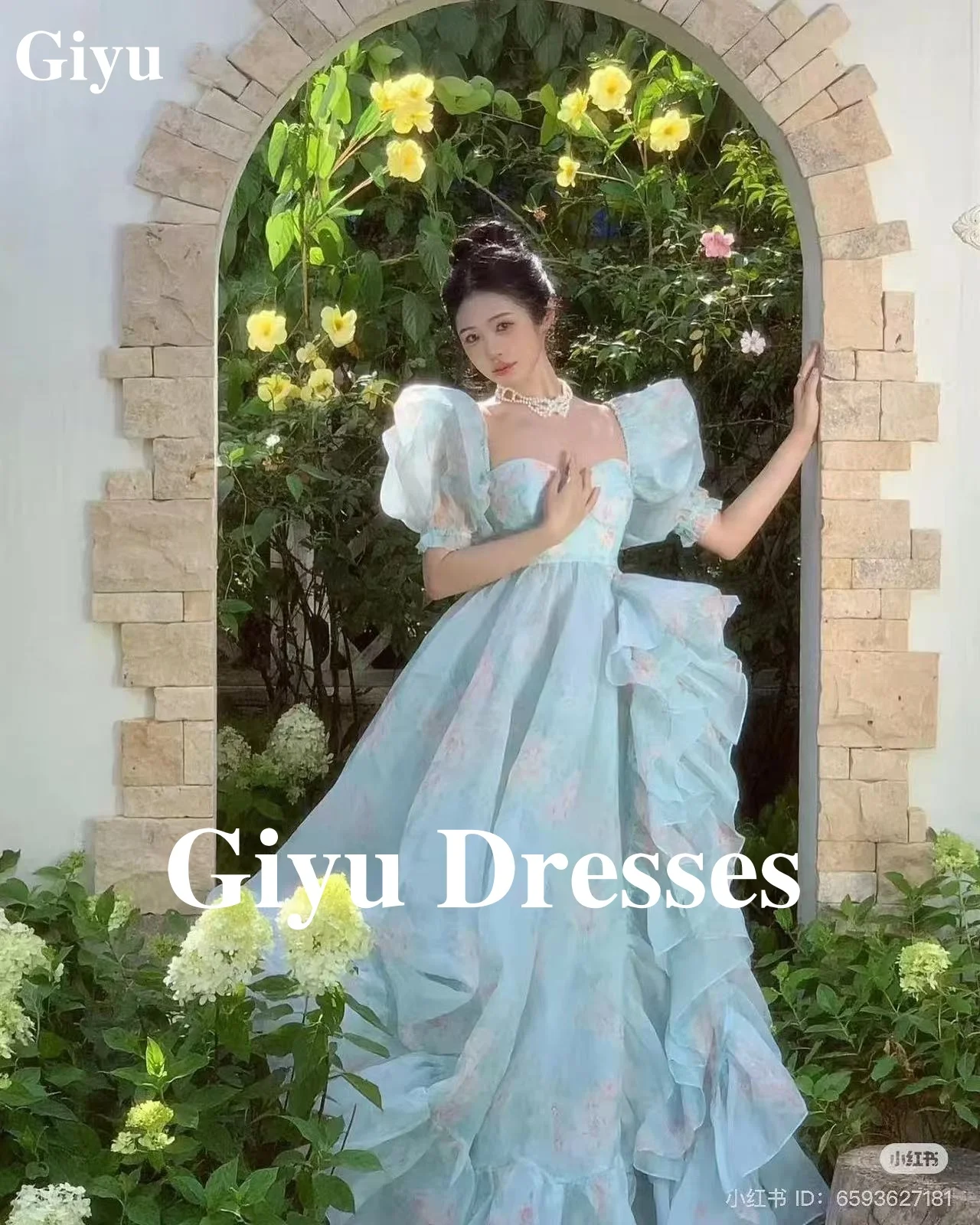 Giyu Elegant Princess Tulle Sweetheart Fairy Evening Dresses Women's Bubble Sleeve Half Sleeve Floral Pattern Prom Dresses