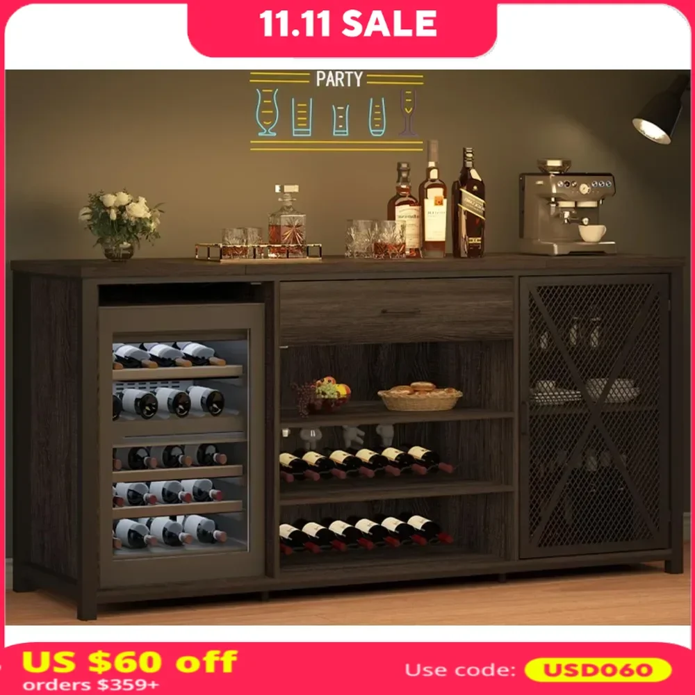 Bar Cabinet with Fridge Space, Farmhouse Big Liquor Cabinets with Drawer Storage, Rustic Wood Metal Large Wine Cabinet