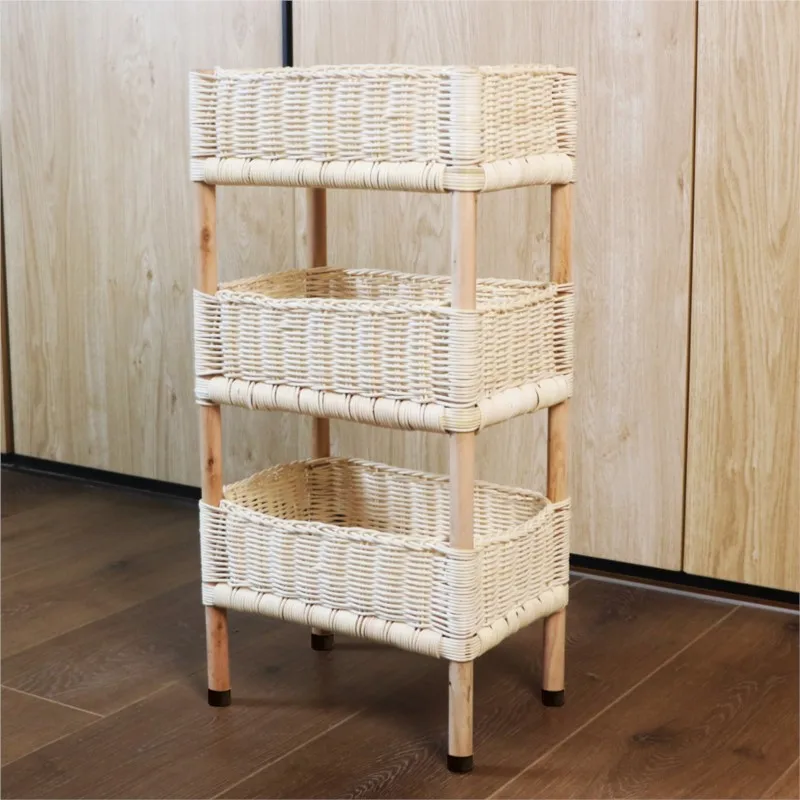 Rattan Storage Rack Floor Standing 3-Tier Fixed Basket Shelf Handwoven Modern Minimalist Organizer for Living Room 4