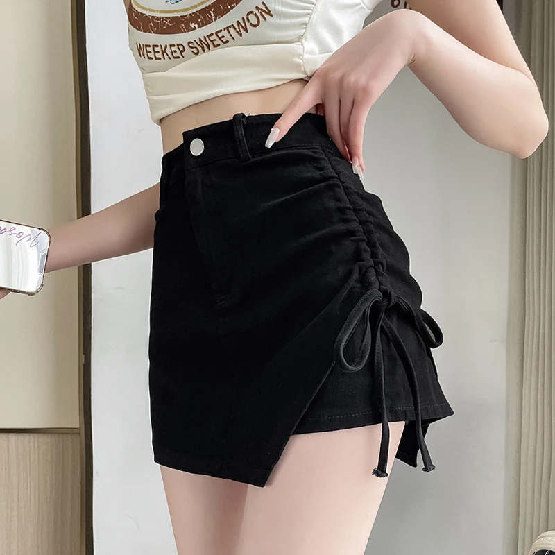 

Black Irregular Side Drawstring Spicy Girl Skirt Women's High Waist Slim A-Line Wrap Body Half-length Skirt Pants