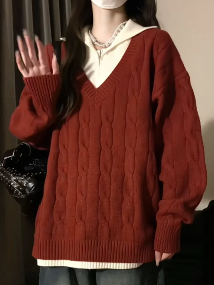 

College Style Red Knitted Loose Collar Sweater Women's Spring Initial Loose Lazy Style Overhead Shirt Pasted Two-Piece Effect