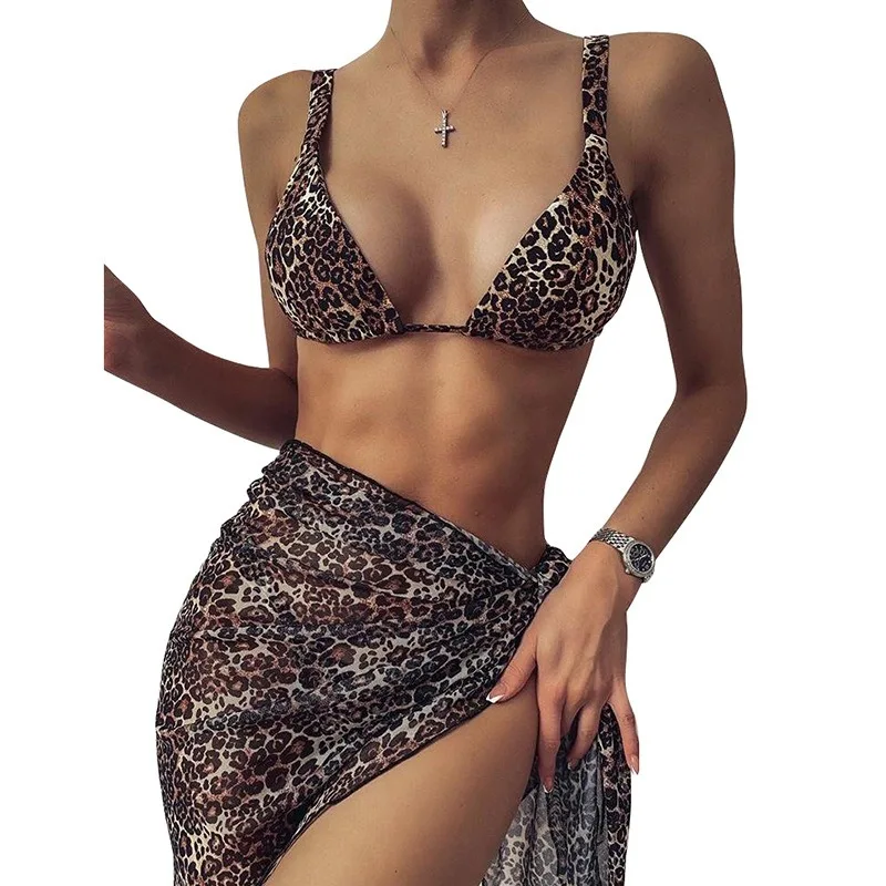

2025 New Triangle Cup Leopard Print Bikini Sexy Strap Swimsuit Three-piece Swimsuit Sexy Swimwear