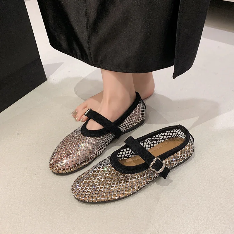 Women Openwork Mesh Sandals New Summer One-Strap Loafers Fashion Round-Toe Flat-Heeled Low-Top Casual Mary Jane Shoes for Women