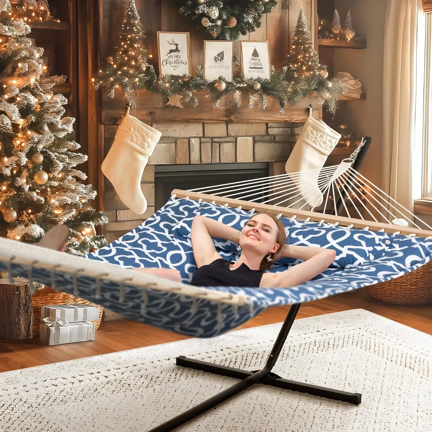 Two Person Hammock with Stand 475 lbs Capacity Portable Patio Hammock with Hardwood Spreader Bar Large Soft Pillow Blue Pattern