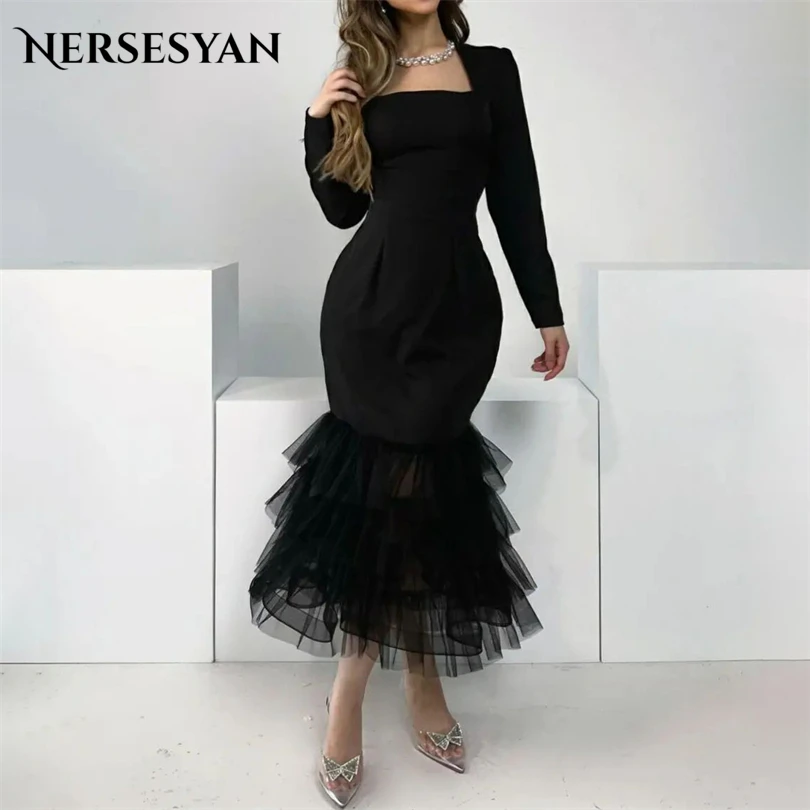 

Nersesyan Mermaid Black Long Sleeves Party Dresses Square Cpllar Tulle Pleats Formal Evening Gowns Ankle-Length Prom Dress 2023