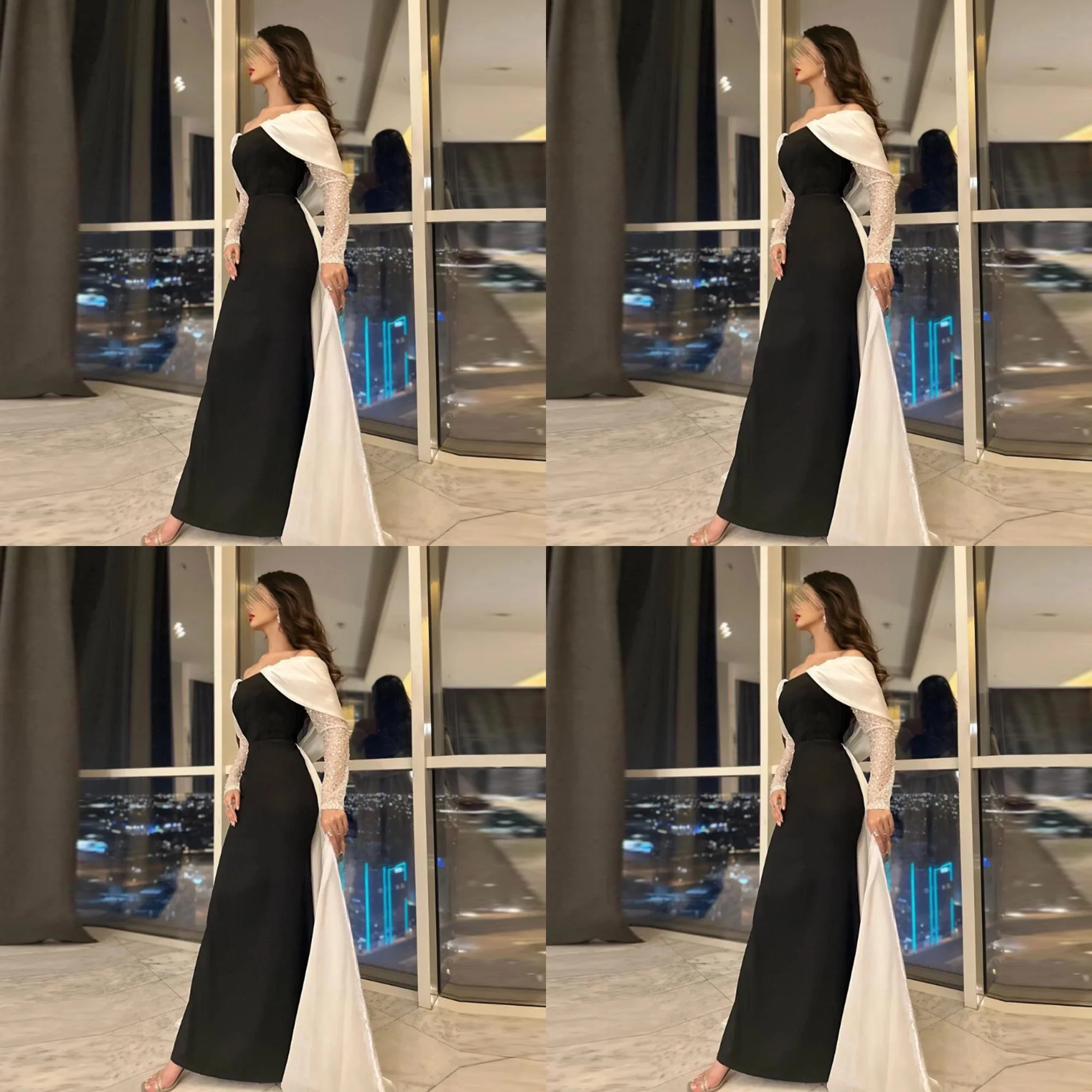 

Modest Off Shoulder Satin Formal Evening Dress Straight Long Sequins Sleeve Long Party Gown with Chapel Train Customized