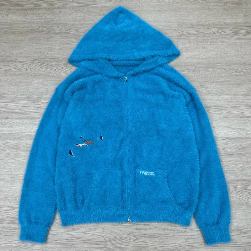 Unique Lake Green Plush Fabric Cardigan Character Embroidery House of Errors Hooded Cardigan Sweater High-quality Top