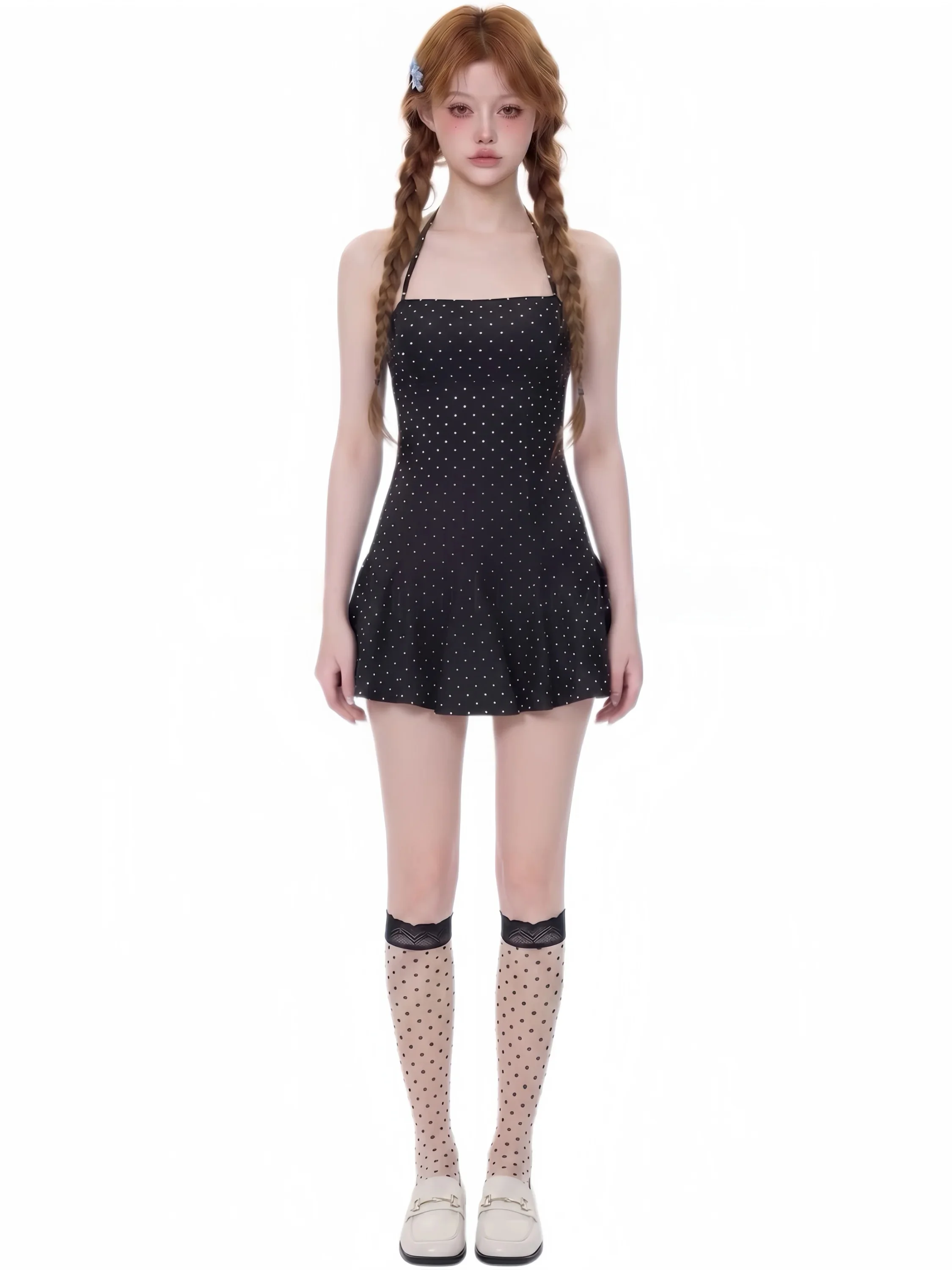 

Retro Polka Dot Neckline Swimsuit Women Slimming Strapless Skirt Style Swimming Costume French Style Casual Swimwear