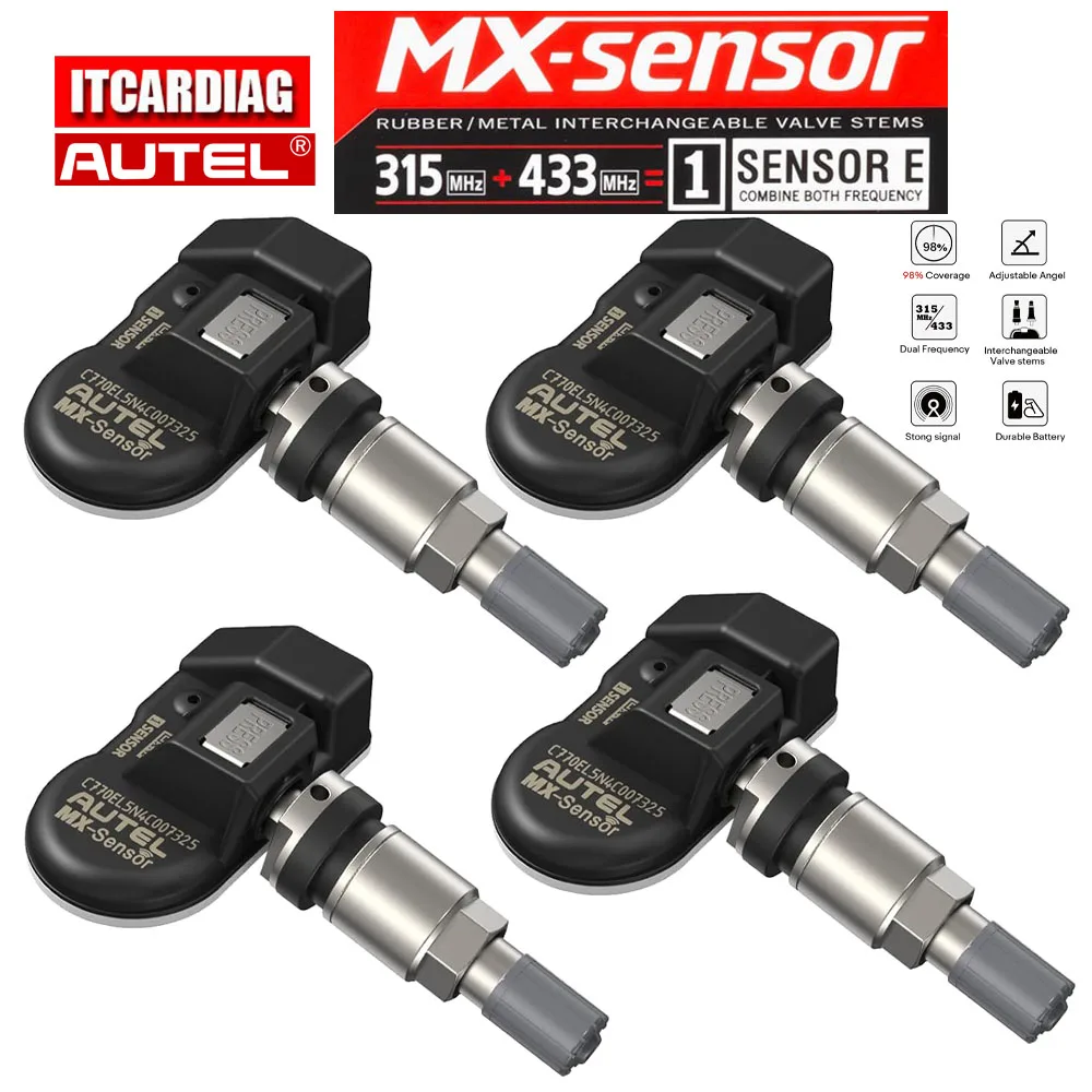 

Autel MX-Sensor 315 МГц + 433 МГц 2 в 1 Универсальный программируемый датчик TPMS Металлические клапаны Система контроля давления в автомобильных шинах