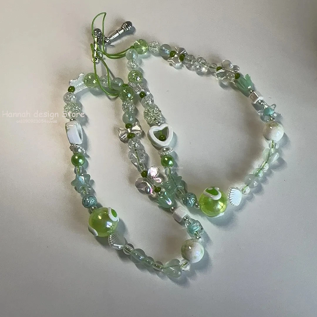 الأخضر زهرة شريط لتعليق الهاتف المحمول الحبل لطيف Kawaii فراشة سحر المفاتيح حالات ل iP 15 Airpods سماعات Ins كوريا الساخن اليدوية #4