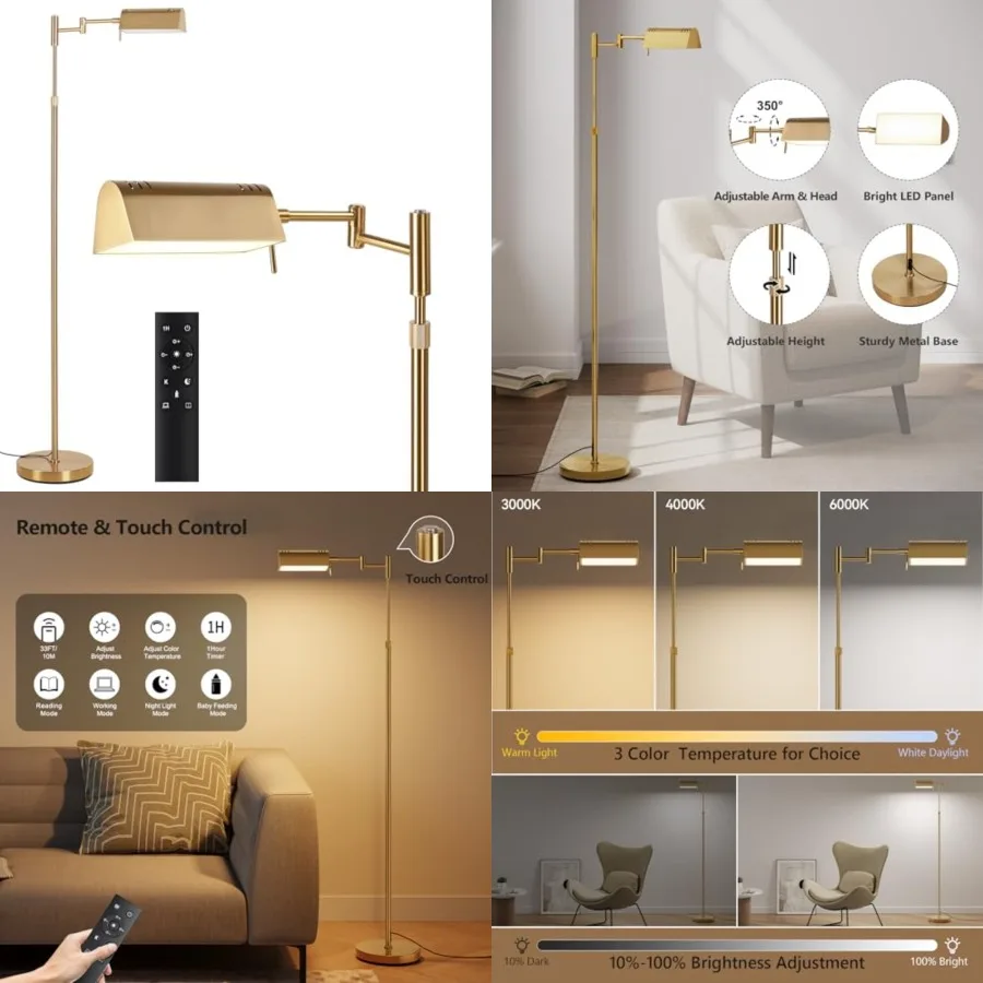 

Dimmable LED Pharmacy Floor Lamp, 16W/1500LM Bright Reading Floor Lamp with Remote and Touch Control, 350°Swing Arm, Adjustable