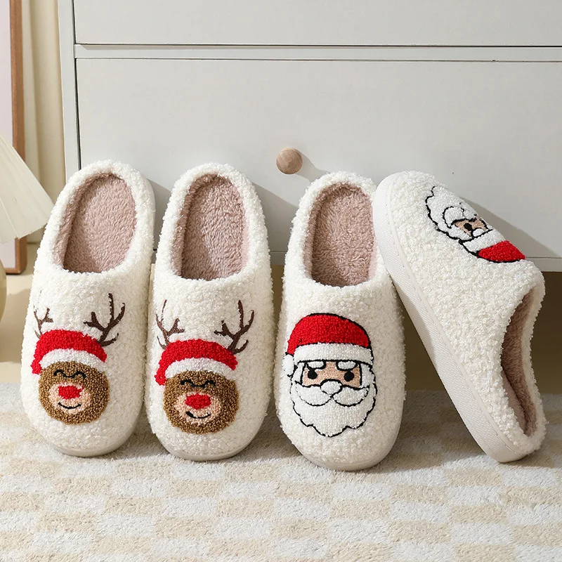 Christmas Comfortable Home Cute Cartoon Santa Claus Slippers Winter Flat Slippers for Men and Women Couples Warm Cotton Slides