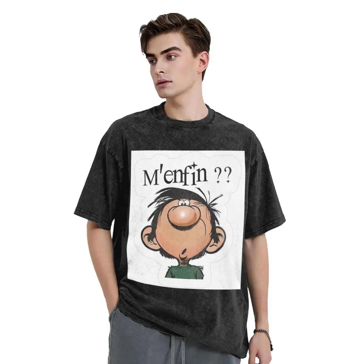 Gaston Lagaffe Washed T Shirts Vintage Short Sleeve Hip Hop T-Shirt Streetwear Tops Tees for Men Women
