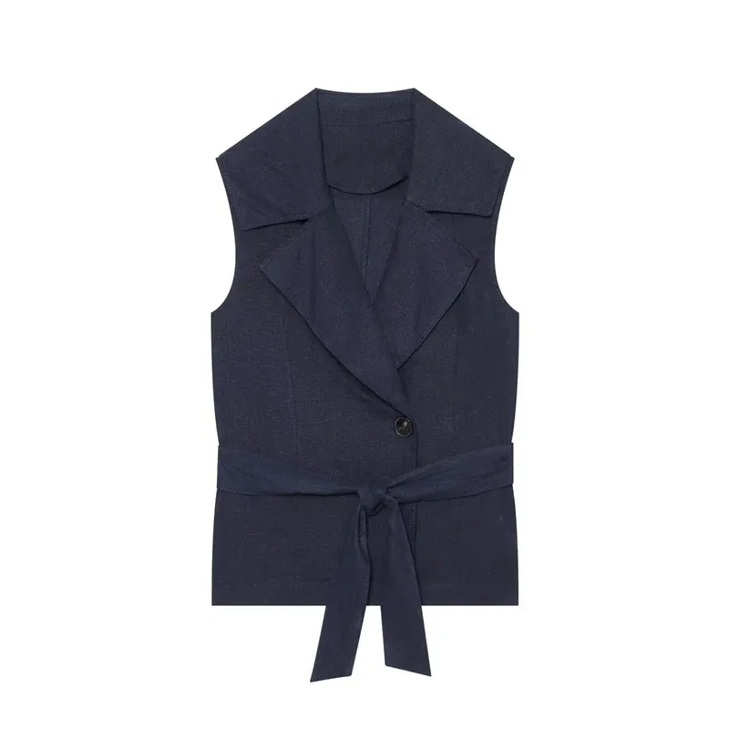 Women S Top 2026 Summer New Style Navy Blue Sleeveless Vest Top with Belt Decoration Simple Elegant Trendy Minimalist Outfit
