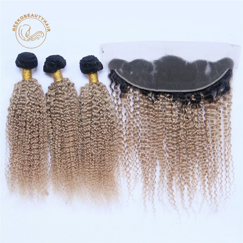 

Honey Blonde Ombre 1B 27 Curly Human Hair Bundles with Lace Frontal Remy Ash Blonde Kinky Curly 3 Bundles with Frontal