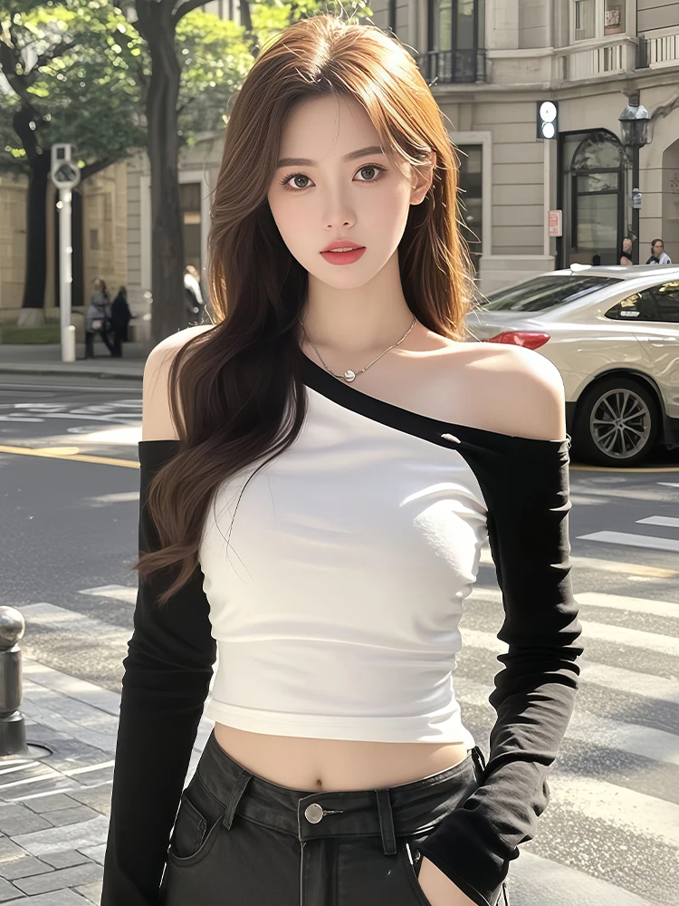 Cseta de Manga Larga con Bloques de Color Únicos, Cseta Básica Moderna para Mujer, Estilo Corto, Top de Un Hombro, Prim...