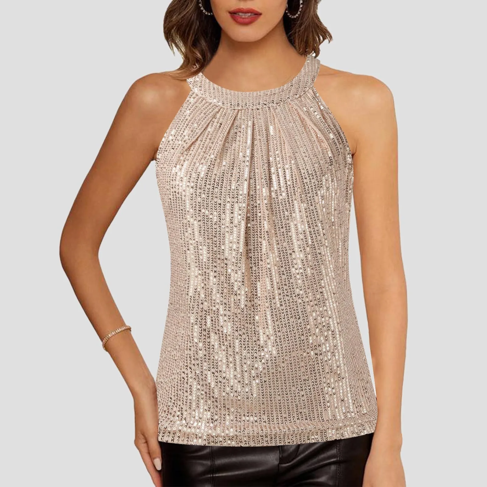 

Women Sequined Sleeveless Camisole Vest Club Party Metallic Glitter Disco Sparkly Pleated Halter Tank Top Shirts Blouse