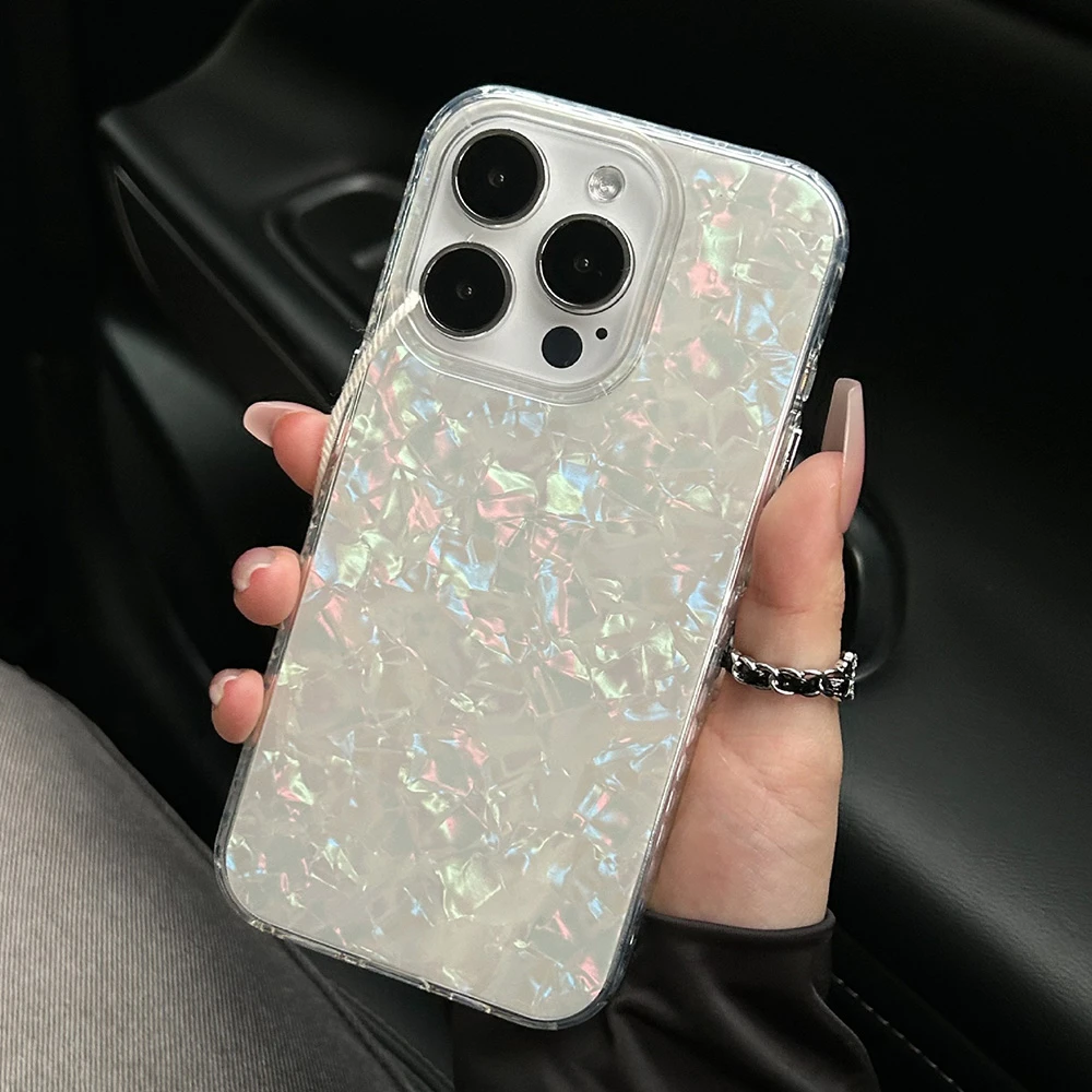 Luxury Aurora Glossy Shell Pattern Case For iPhone 16 Pro Max 15 14 Plus 13 12 11 Aurora Laser IMD Shockproof Protection Cover image 2