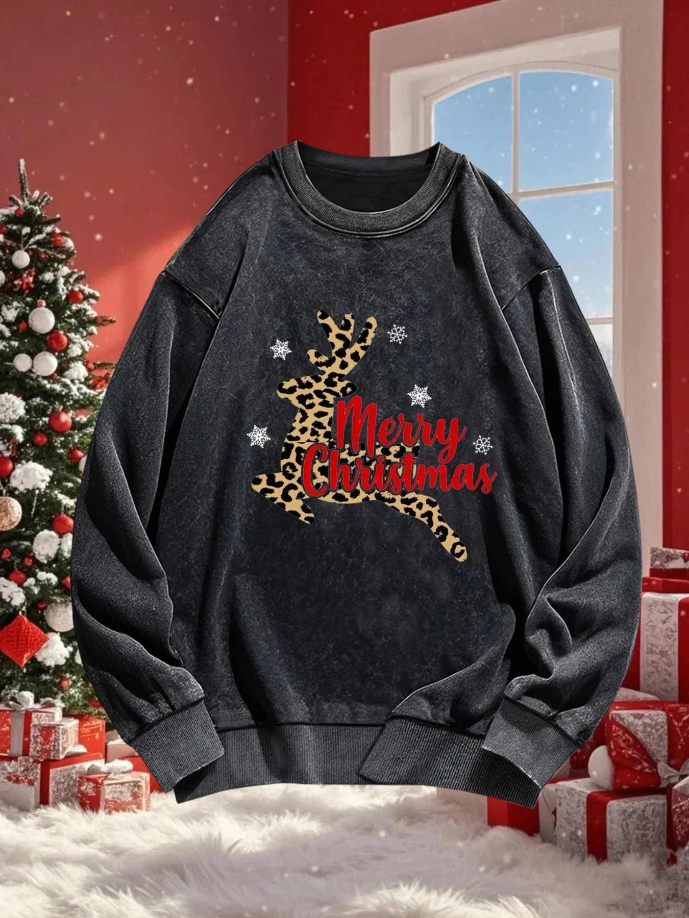 Women's Vintage Christmas Sweatshirt - Dark Grey/black Retro Holiday Pullover with Merry Christmas Text, Oversized Fit for Fall