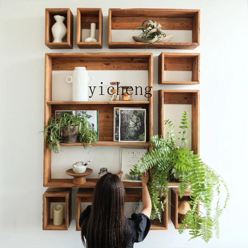 

ZYA Solid Wood Vintage Display Rack Wall Storage Shelf B&B Living Room Wabi-Sabi Style Decoration