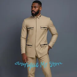 Daily Khaki Men's Suits 2 Piece Jacket Pants Set Customzied Single Breasted Mandarin Collar Slim Fit Male Clothing Outfits