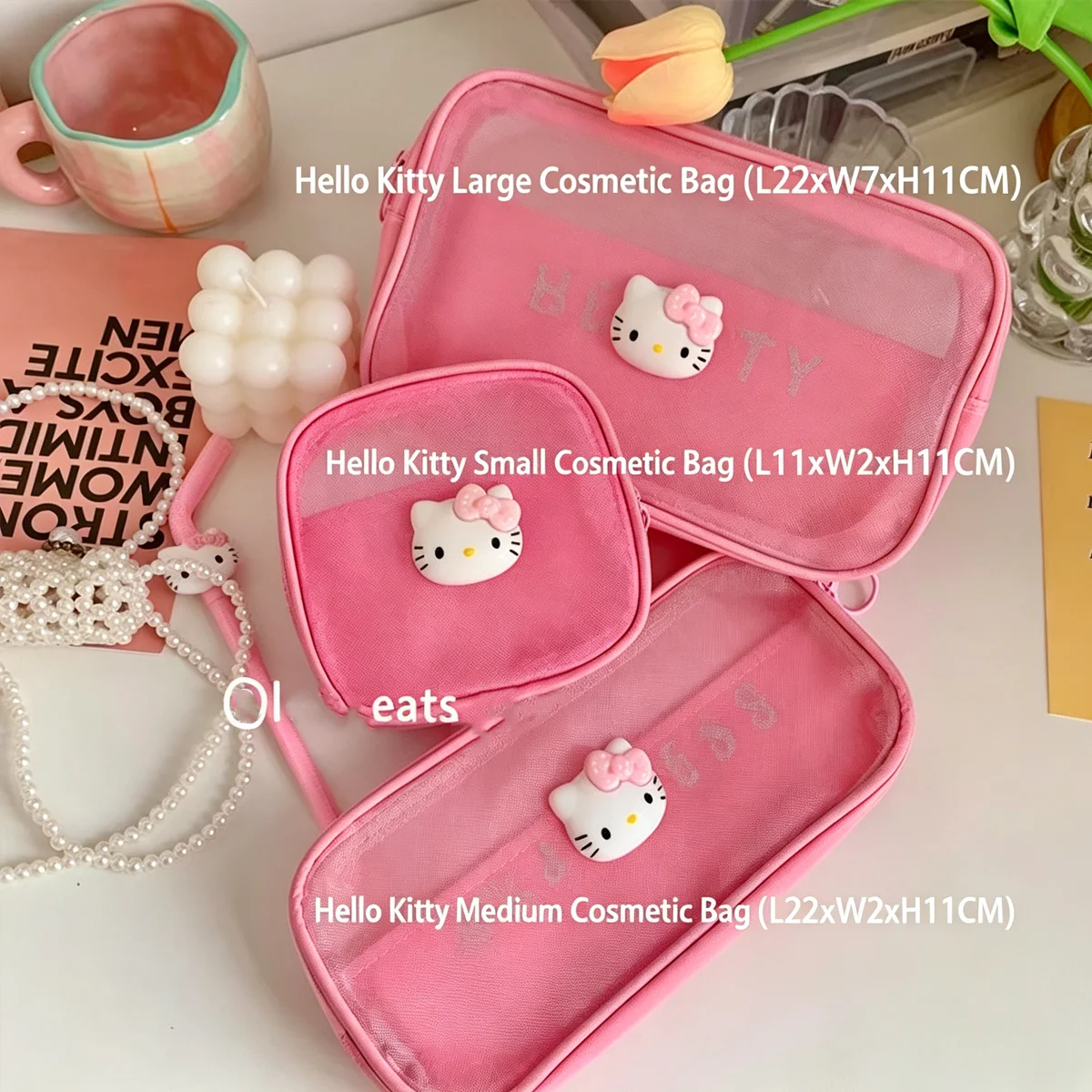 Hello Kitty Mesh Makeup Bag, Transparent Portable Cosmetic Organizer, Travel Storage Bag.
