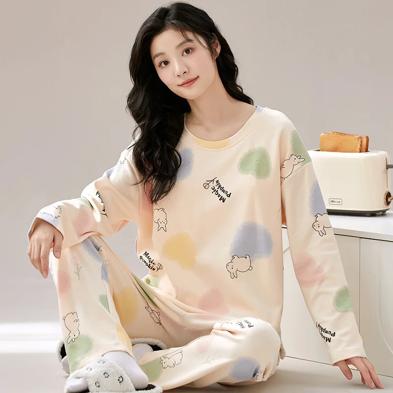 Autumn Spring Women Cotton Pajamas Set Printing Sleepwear for Girl Fashion Long Sleeve O-neck Cute Sweet Pajamas