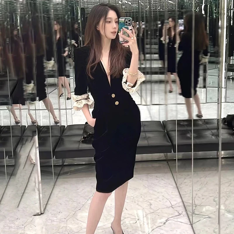 

Audrey Hepburn Sle Bla Velvet Dr Mid-Length Slimming V-Ne Conceals Belly Small Women's Little Bla Dr