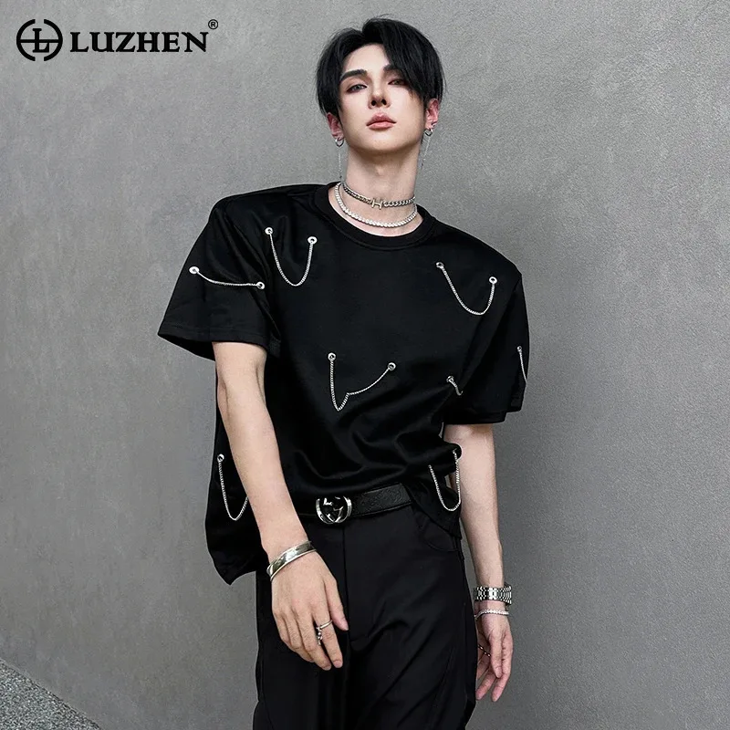 

LUZHEN 2025 Summer Metal Chain Decorate Short Sleeve T-shirts Men's New Streetwear Handsome Original Personalized Clothes JY3276