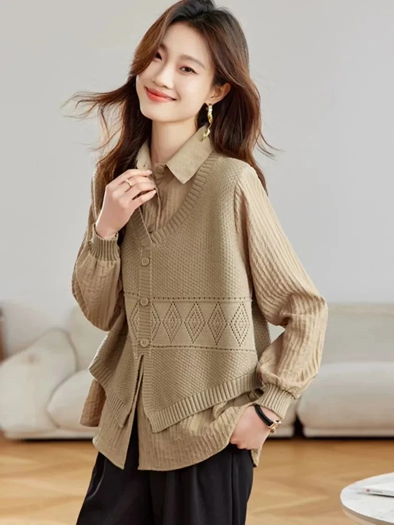 Spring Autumn 2025 Women's Knitted Patchwork Long Sve irt Base Layer Top Fake Two-Piece Design Sense Knitwear