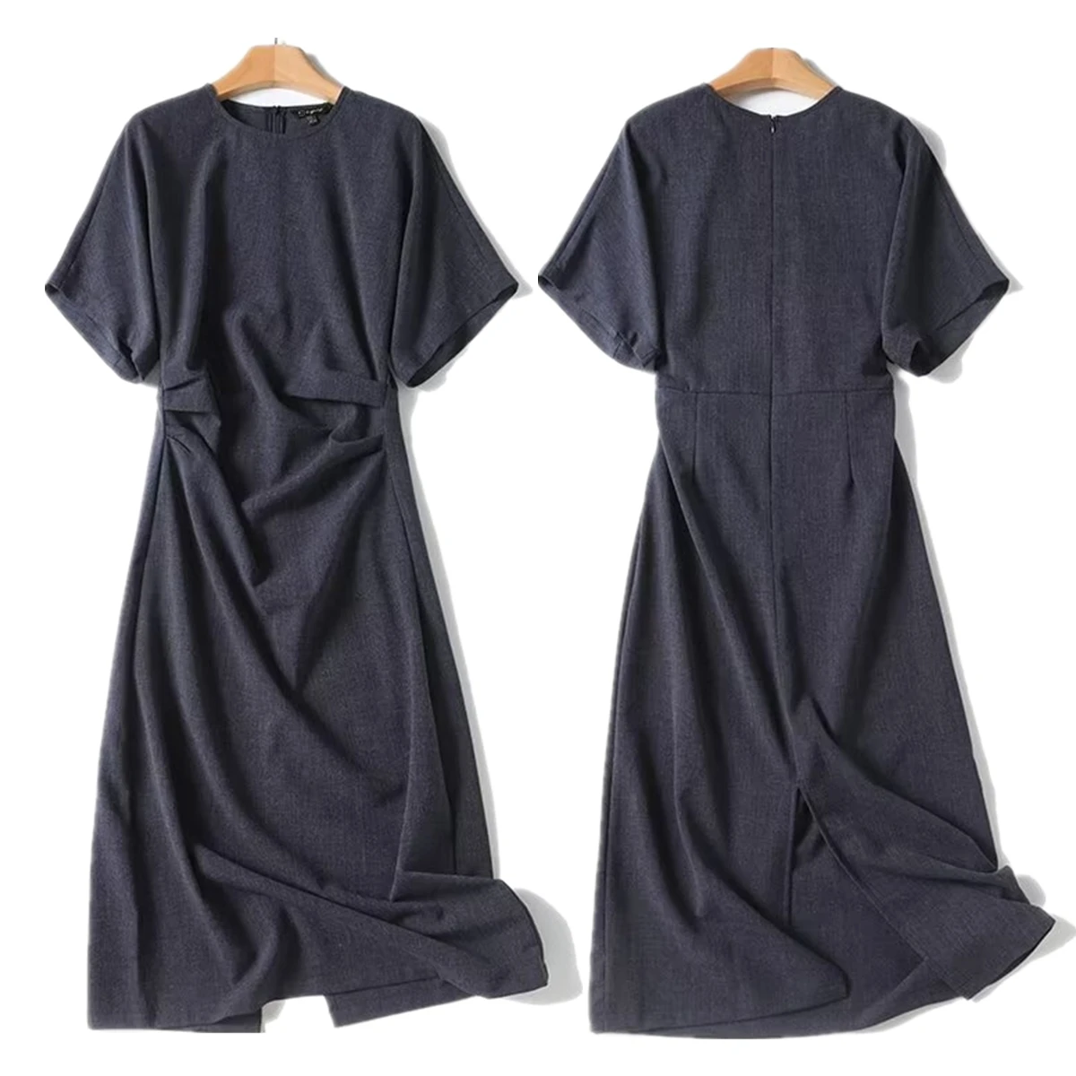 Withered French Minimalist Pleated Dress Women Grey Midi Dress For Commuting Casual Elegant Short Sleeve Vestidos