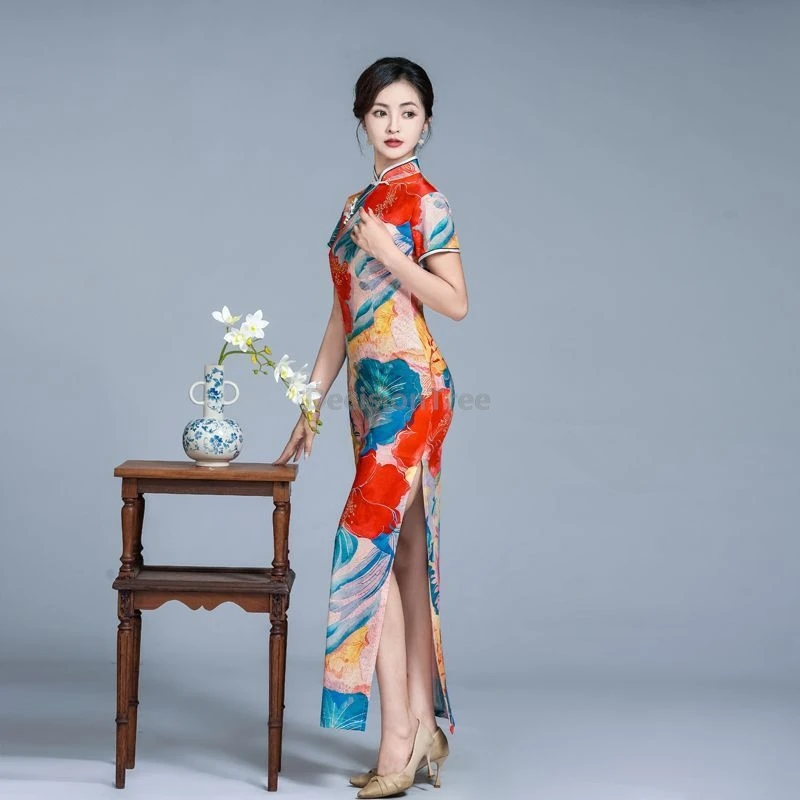 Summer Elegant Qipao Performance Dress Retro Modified Version Modern Chinese Style Women Youthful Short Sleeve Printing Dress