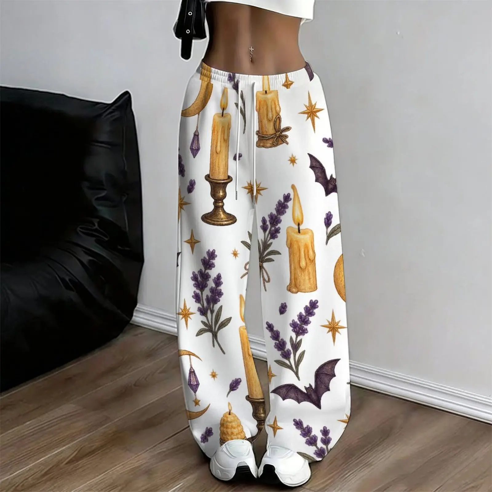 Women White Base Printed Loose Straight Leg Full Length Pants, Candle Lavender Bat Moon Star Pattern