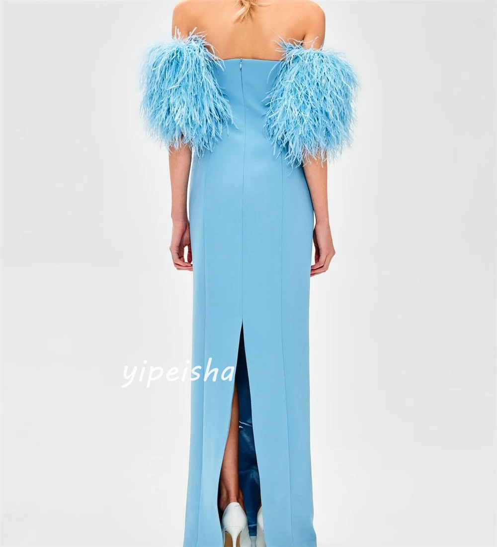 Jersey Sequined Feather Ruched Birthday A-line Off-the-shoulder Bespoke Occasion Gown Long Dresses