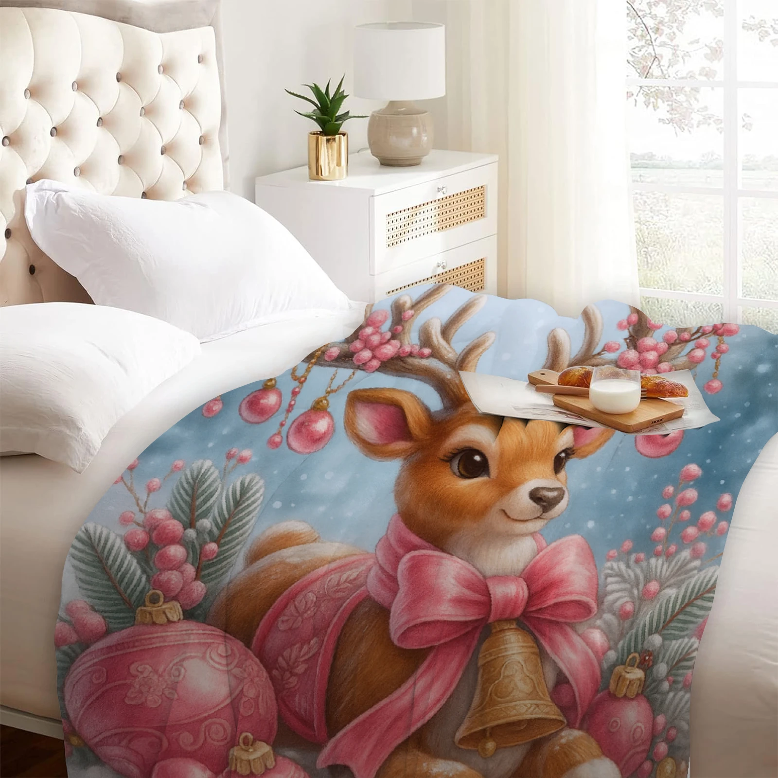 Christmas Blanket Bows and Little Deer Suitable for Sofa Beds, Office Outdoor Applicable in All Seasons Comfortable and Warm