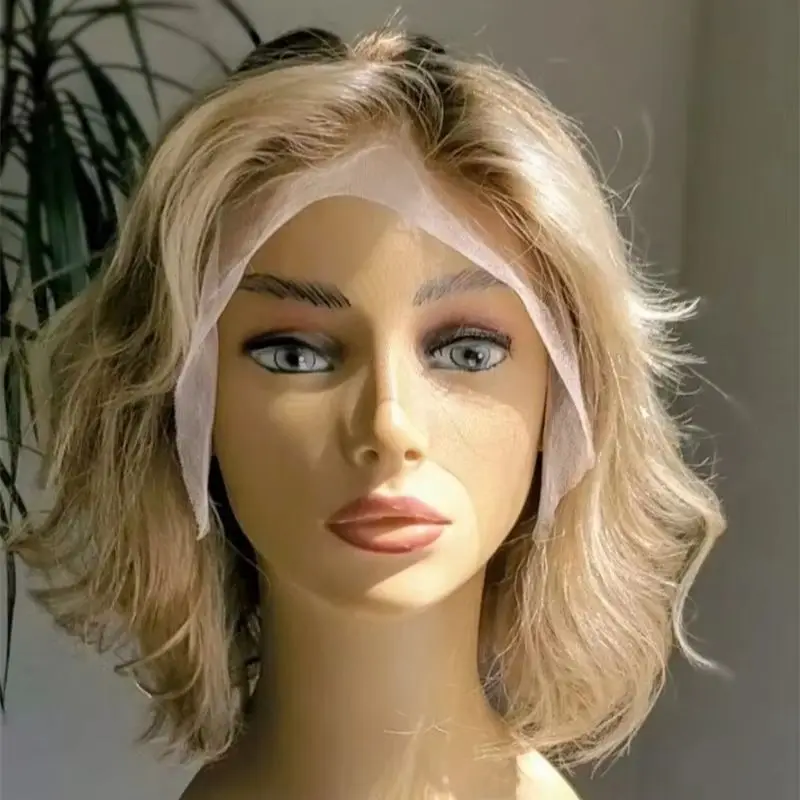10 Inches Blonde Brown Curly Wavy Wigs Dark Roots Wavy Wigs For Women Synthetic Wig Natural Short Layered Wig for Woman