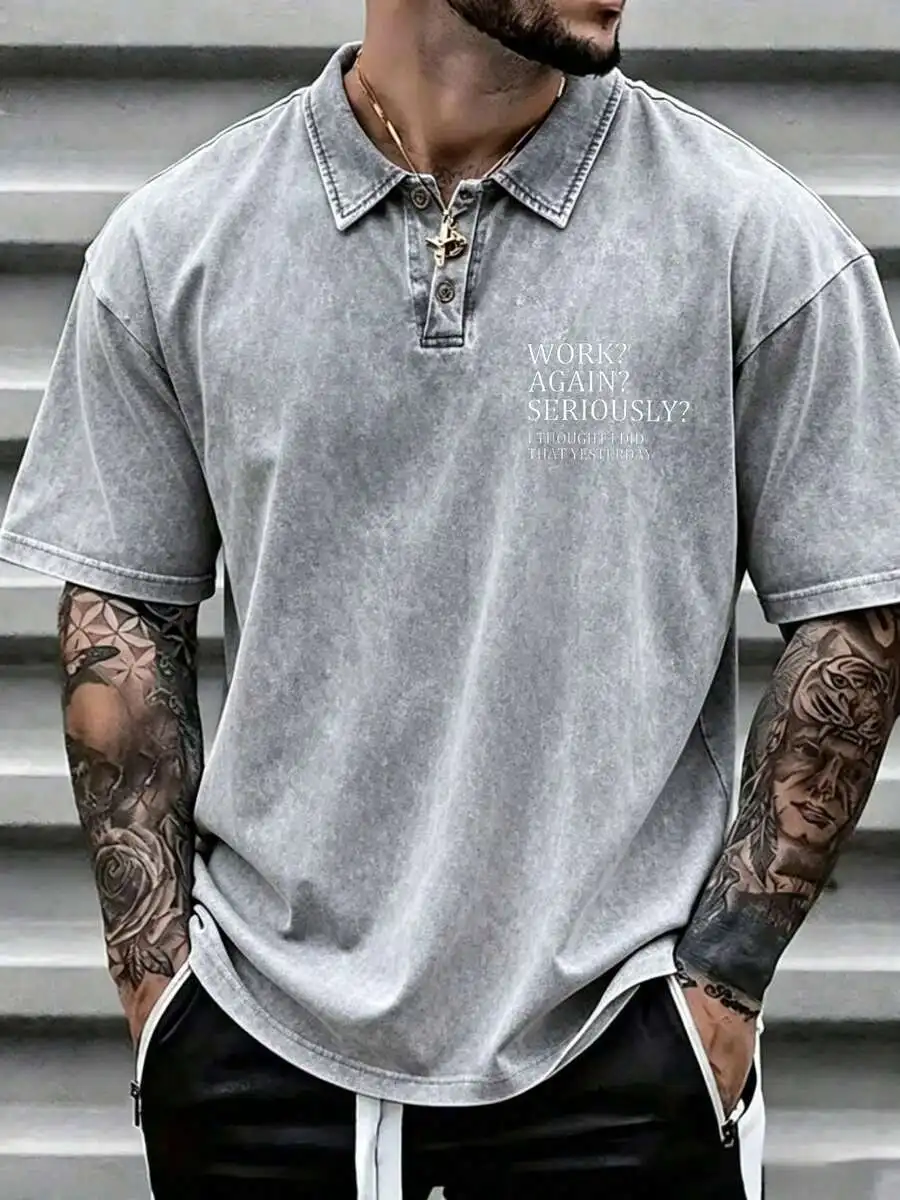 

Washed Cotton Vintage Mens Short Sleeve Collar Shirt With Print Design Casual Summer Sports Leisure