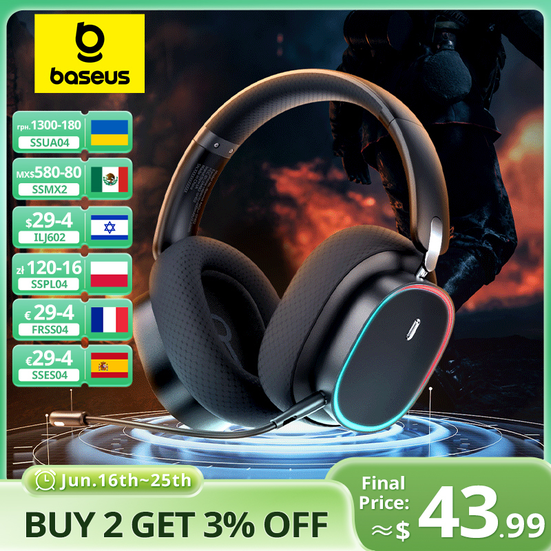Baseus GH02 Gaming Wireless Headphone with Mic Over-Ear Headphones Bluetooth 5.3 40mm Driver 2.4G/Wireless/Cable RGB Headsets