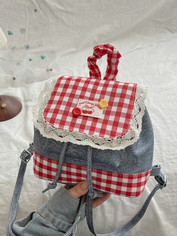 Cute  Plaid Lace Trim Shoulder Bag Fashionable Girl Style Backpack Soft Polyester Material Bucket Shape Foldable No Water...