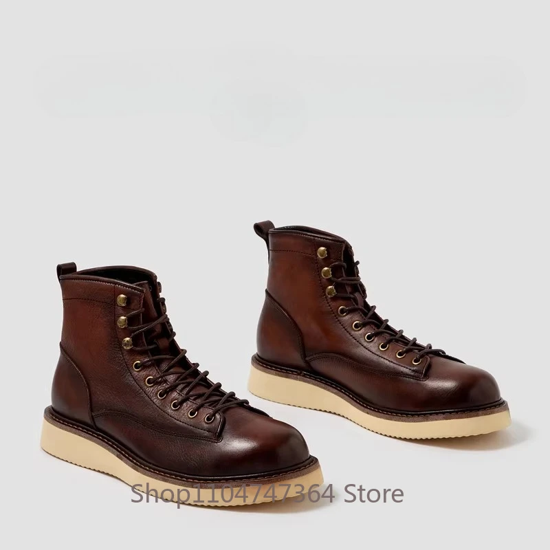 British Style Cowhide Vintag Roman Platform Boots Men's High Top Shoes Casual Genuine Leather Comfortable Outdoor Chelsea Boots