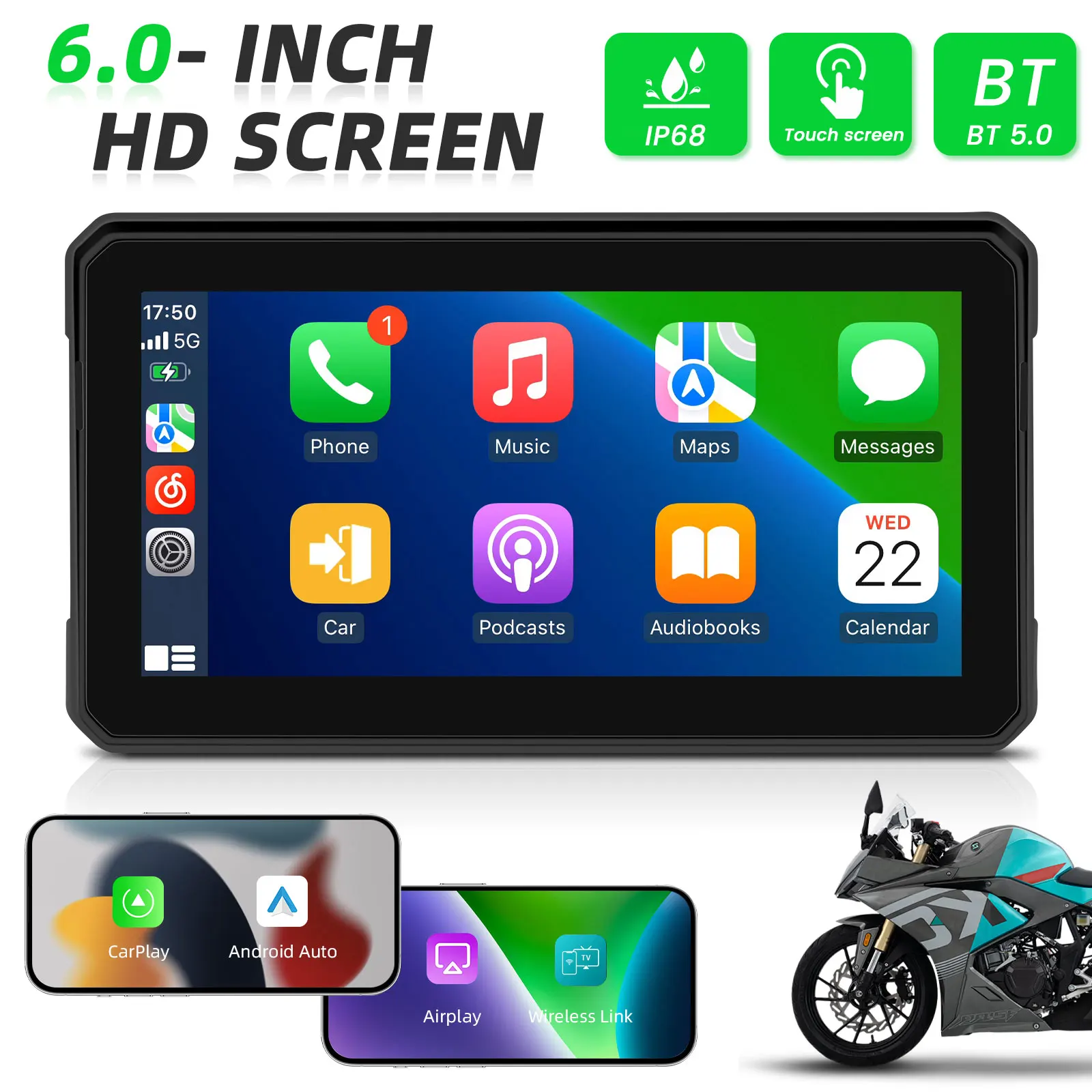 Podofo Carplay Motorrad-Monitor Kabelloses Android Auto Airplay IP68 Wasserdichter Tragbarer Monitor Reifendruckerkennung (Optional) – Detail 1