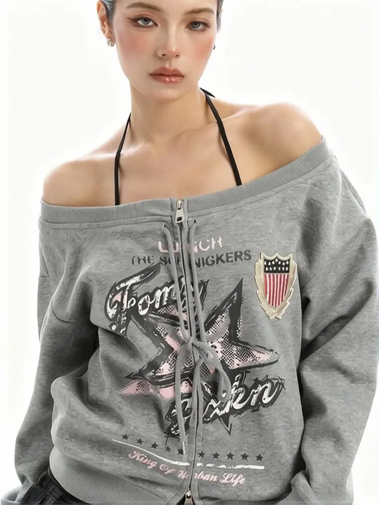 Sudadera Y2K vintage oversize con hombros descubiertos para mujer, de manga larga con estampado gráfico, con cremallera, tipo abrigo, sudadera corta, chaqueta.