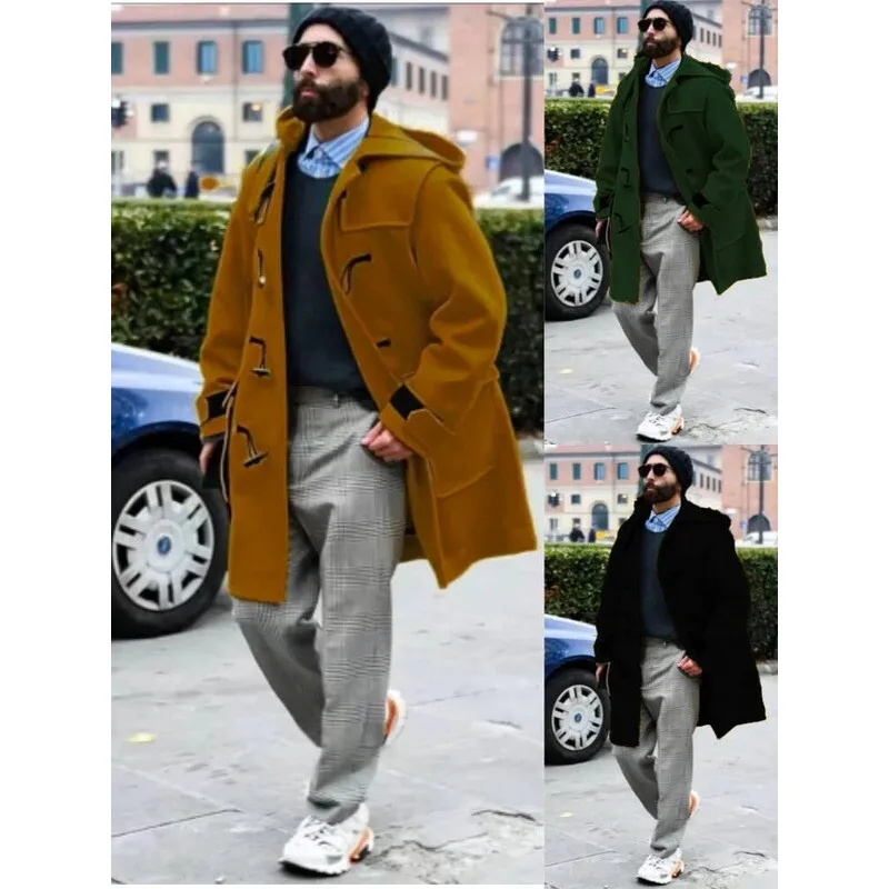 

Streetwear Men's Jacket Casual Trench Horn Buttons Loose Hooded Outerwears Jackets Extra-Long Men Clothing For Autumn Winter