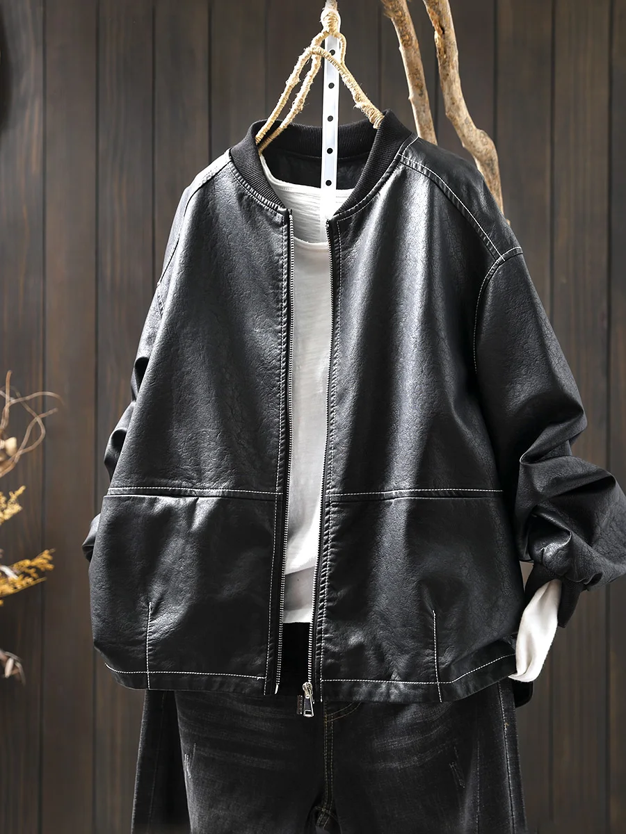 Women's ort PU Leather Jaet Stand Collar Biker Sle Bla And Beige Coat Casual Commute Faion Chinese Production
