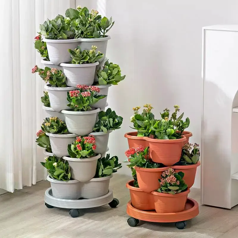 Plastic Vertical Tower Stackable Flower Pot Multi Layer Planter  for Balcony Garden Space Saving Display
