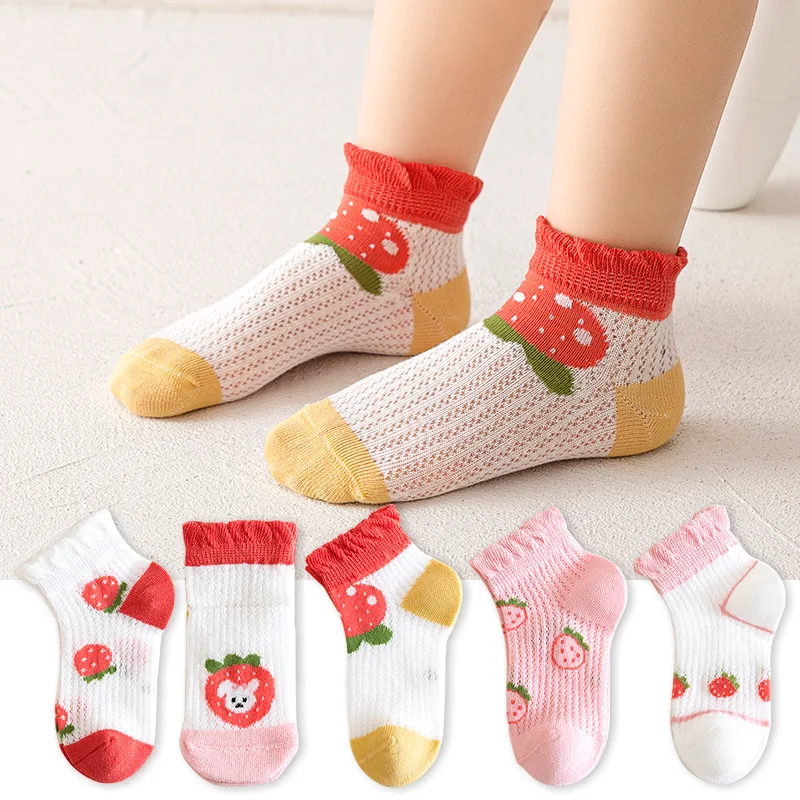 A-Class Pure Cotton Kids Socks Spring Summer Thin Full Mesh Breathable Ankle Socks Toddler Socks for Boys Girls 5 Pairs