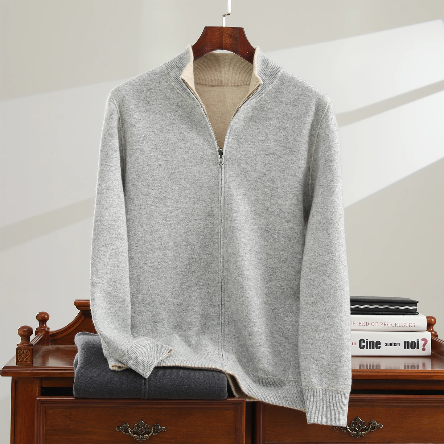 

Autumn Winter Men Double Side Wear Cashmere Cardigan Sweater Mock Neck Long Sleeve Thick 100% Cashmere Knitwear Smart Casual Top