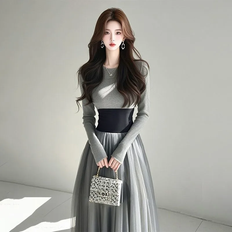 New French Fashion Autumn Dress Women Elegant Slim Contrast Color Long Sleeve Slim Waist Patchwork Mesh Party Dresses Vestidos