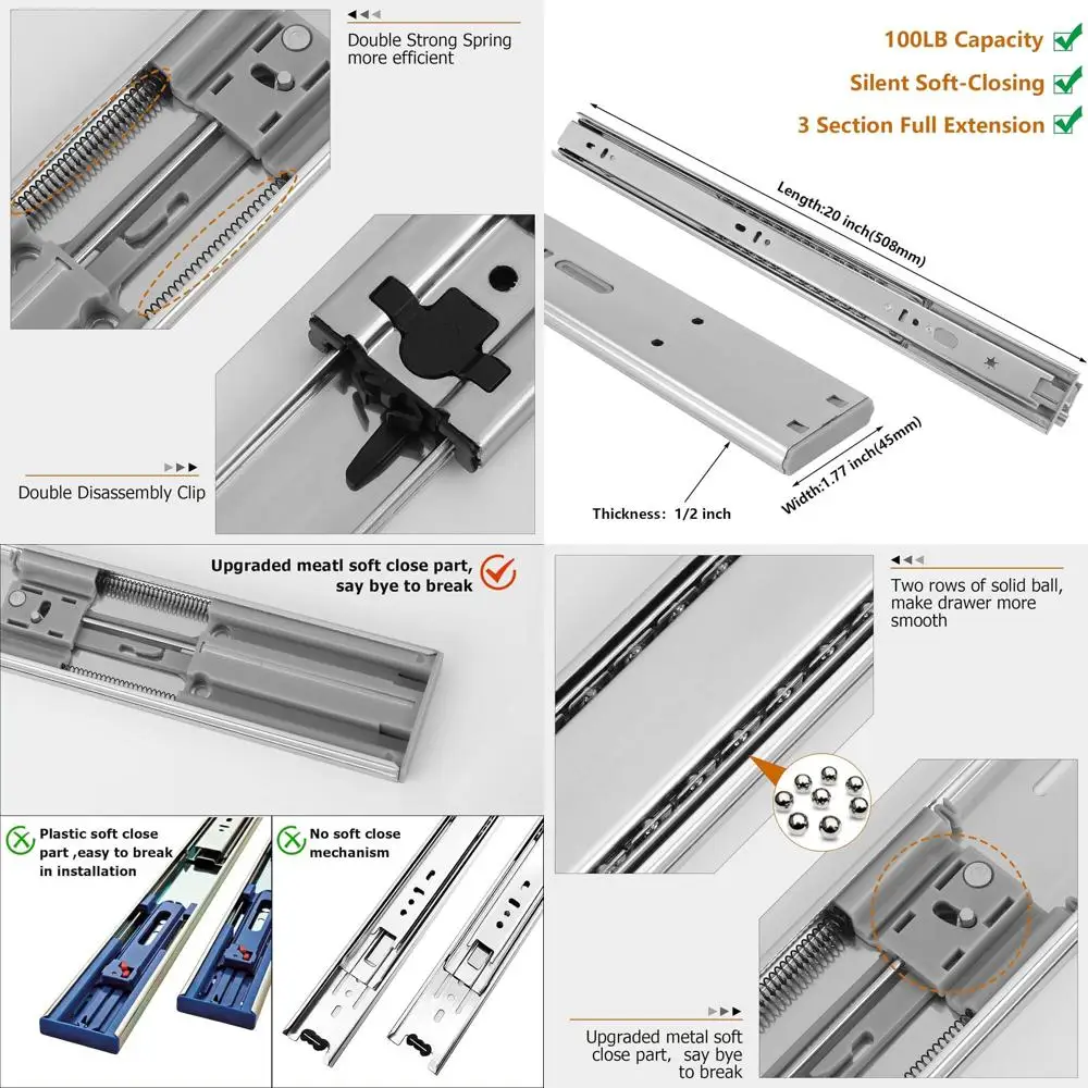 

Heavy-Duty 100lb Capacity Slides with Ball Bearing, 20 Extension, Side Mount for Cabinets